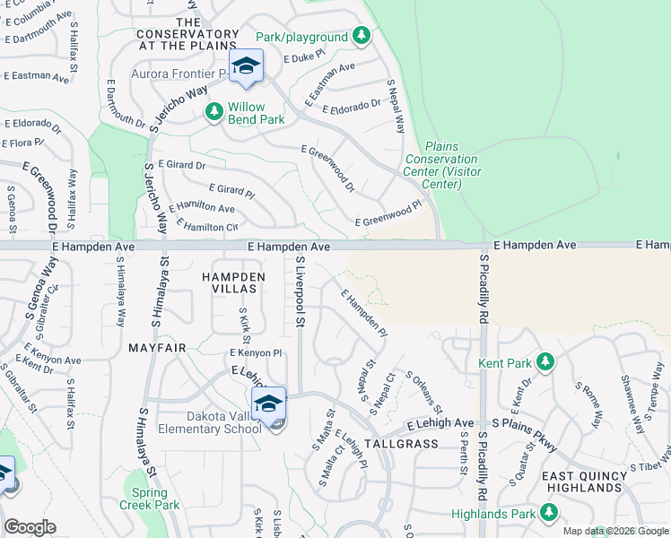 map of restaurants, bars, coffee shops, grocery stores, and more near 20971 East Hampden Place in Aurora