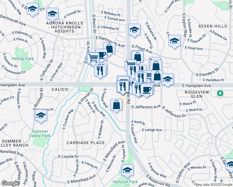 map of restaurants, bars, coffee shops, grocery stores, and more near 3510 South Zeno Court in Aurora