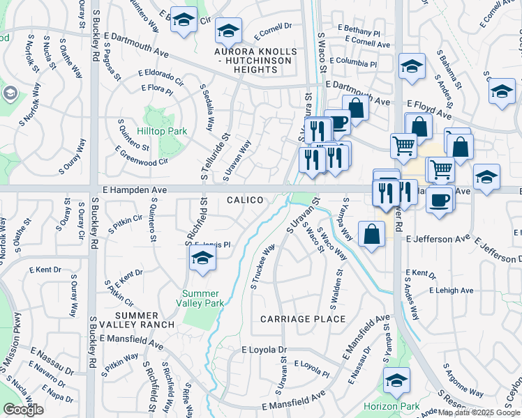 map of restaurants, bars, coffee shops, grocery stores, and more near 3503A South Telluride Circle in Aurora
