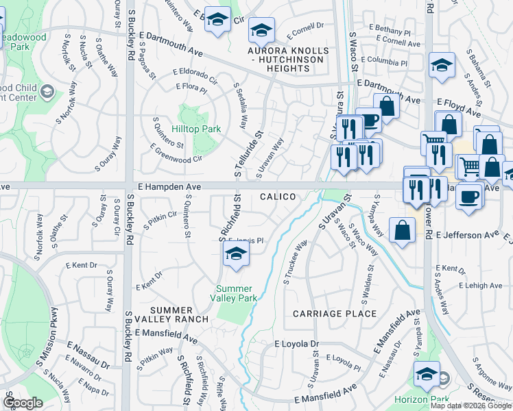 map of restaurants, bars, coffee shops, grocery stores, and more near 17666 East Ithaca Place in Aurora