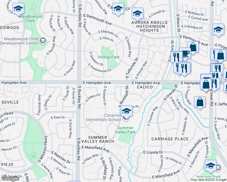 map of restaurants, bars, coffee shops, grocery stores, and more near 3540 South Quintero Street in Aurora