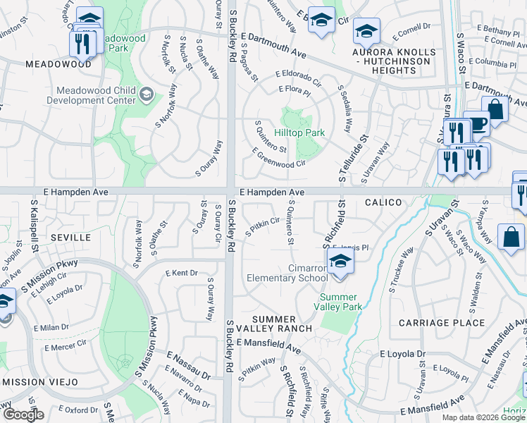 map of restaurants, bars, coffee shops, grocery stores, and more near 17127 East Ithaca Circle in Aurora