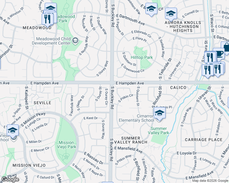 map of restaurants, bars, coffee shops, grocery stores, and more near in Aurora