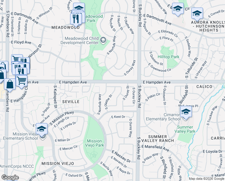 map of restaurants, bars, coffee shops, grocery stores, and more near 352 South Olathe Street in Aurora