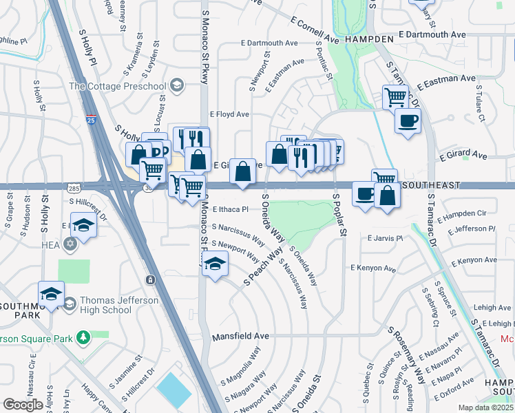map of restaurants, bars, coffee shops, grocery stores, and more near 6780 East Hampden Avenue in Denver