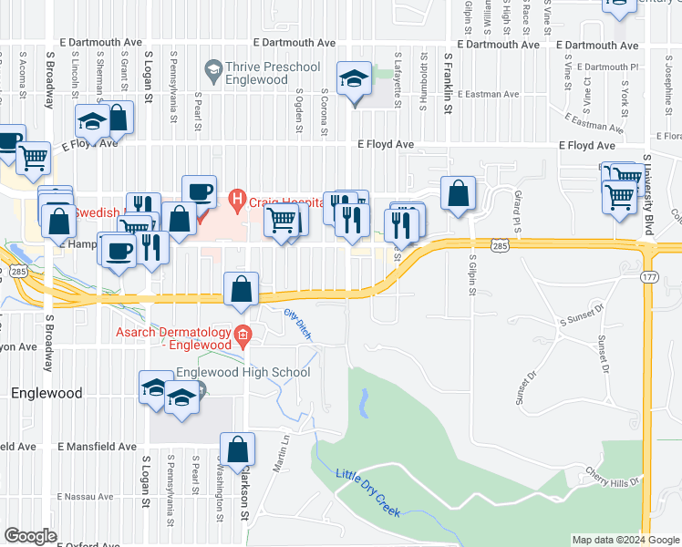 map of restaurants, bars, coffee shops, grocery stores, and more near 3530 South Corona Street in Englewood