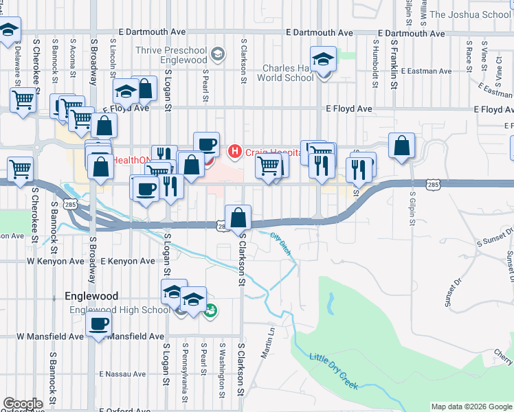 map of restaurants, bars, coffee shops, grocery stores, and more near 3533 South Emerson Street in Englewood