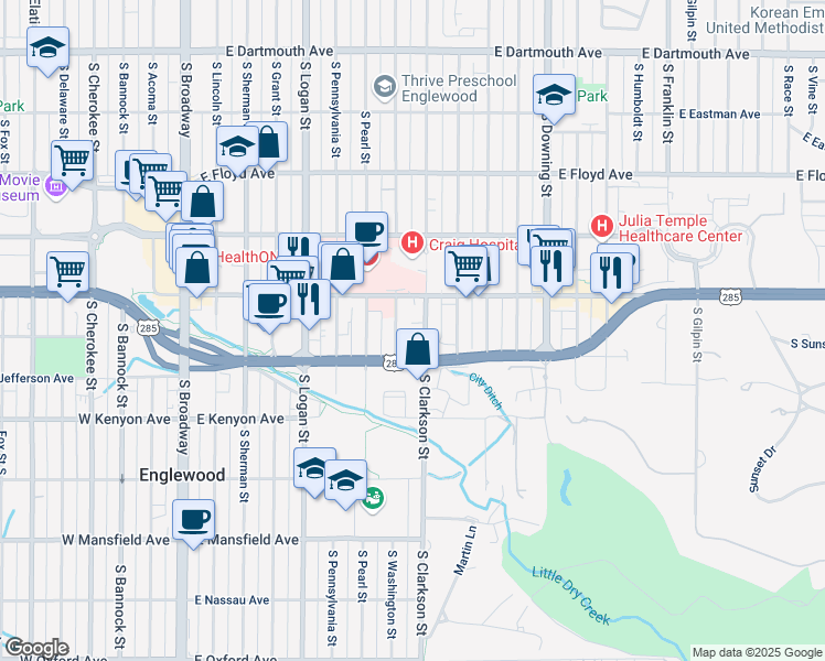 map of restaurants, bars, coffee shops, grocery stores, and more near 3540 South Washington Street in Englewood
