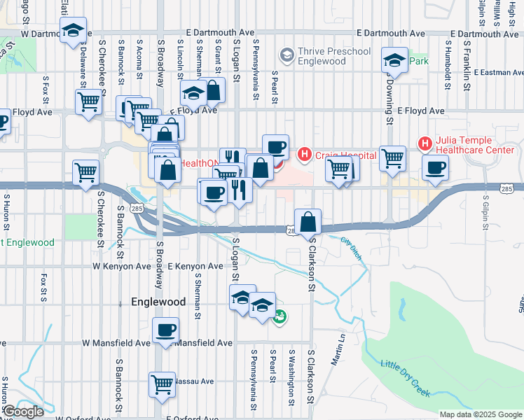map of restaurants, bars, coffee shops, grocery stores, and more near 3531 South Pennsylvania Street in Englewood