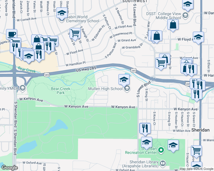 map of restaurants, bars, coffee shops, grocery stores, and more near 4303 West Kenyon Avenue in Denver