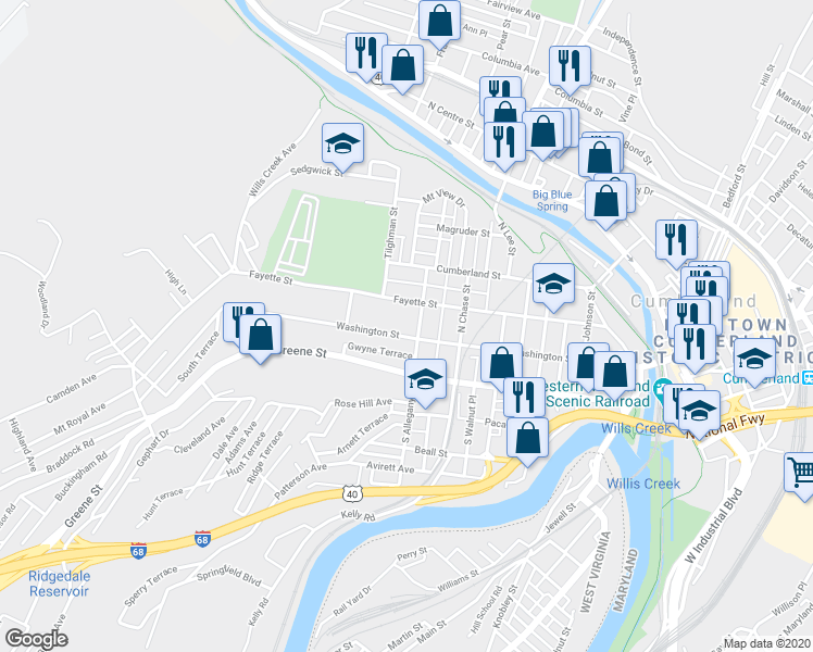 map of restaurants, bars, coffee shops, grocery stores, and more near 506 Fayette Street in Cumberland