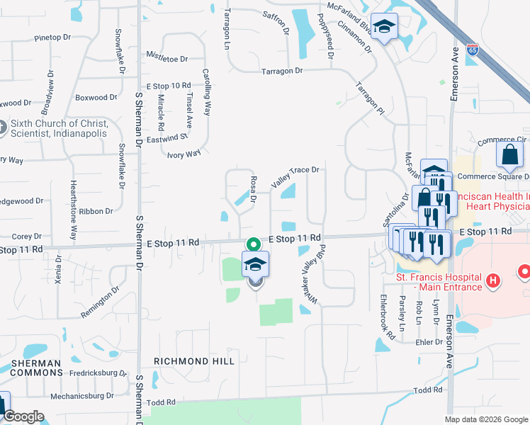 map of restaurants, bars, coffee shops, grocery stores, and more near 7846 Valley Trace Lane in Indianapolis