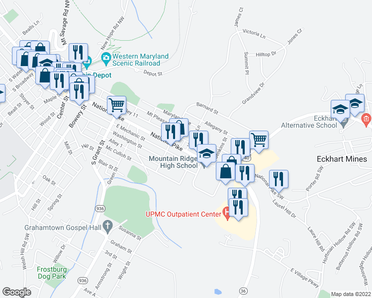 map of restaurants, bars, coffee shops, grocery stores, and more near 300 E Main St in Frostburg