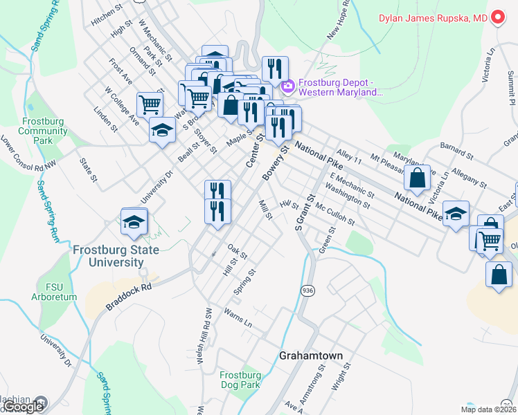 map of restaurants, bars, coffee shops, grocery stores, and more near 8 Mill Street in Frostburg
