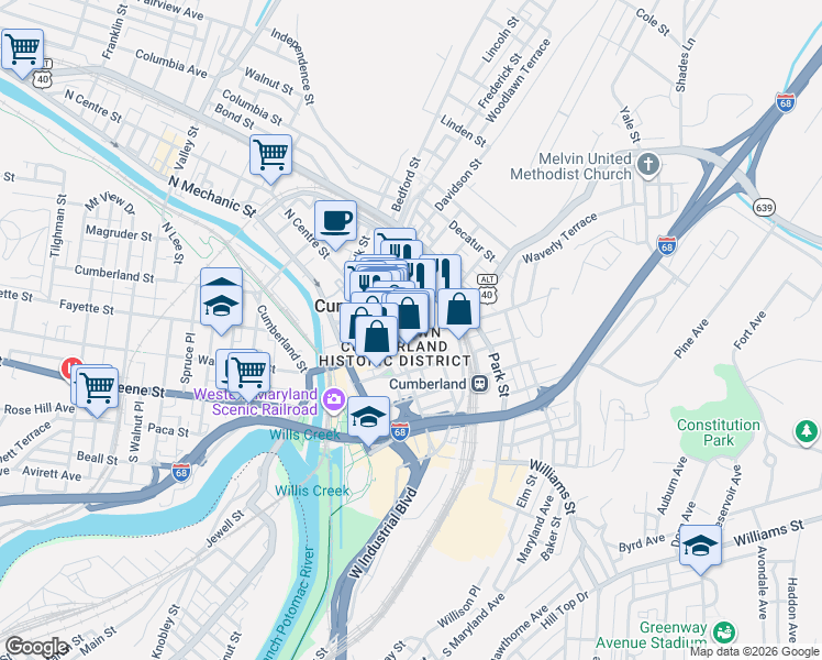 map of restaurants, bars, coffee shops, grocery stores, and more near 128 Baltimore Street in Cumberland