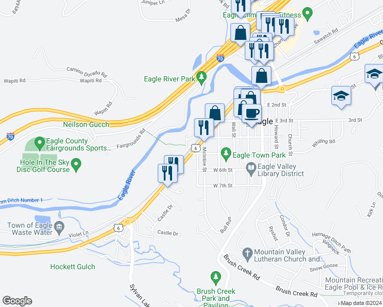 map of restaurants, bars, coffee shops, grocery stores, and more near Grand Ave & Brooks Ln & W 5th St in Eagle