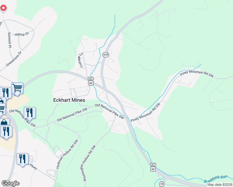 map of restaurants, bars, coffee shops, grocery stores, and more near 16725 National Highway Southwest in Frostburg