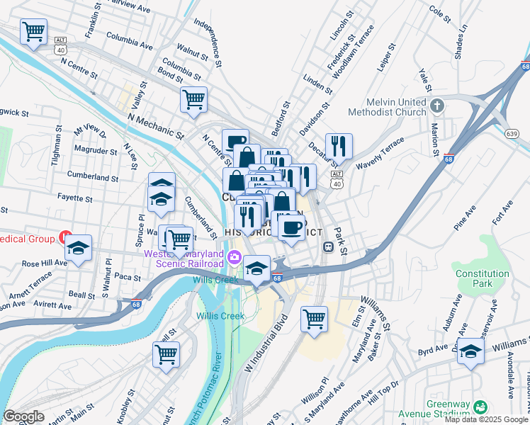 map of restaurants, bars, coffee shops, grocery stores, and more near 26 North Centre Street in Cumberland