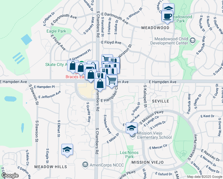 map of restaurants, bars, coffee shops, grocery stores, and more near 15442 East Hampden Avenue in Aurora