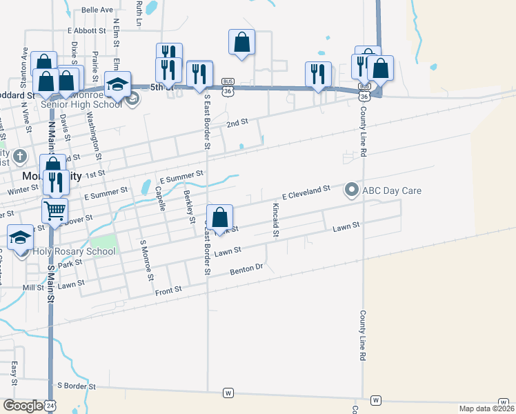map of restaurants, bars, coffee shops, grocery stores, and more near 821 East Cleveland Street in Monroe City