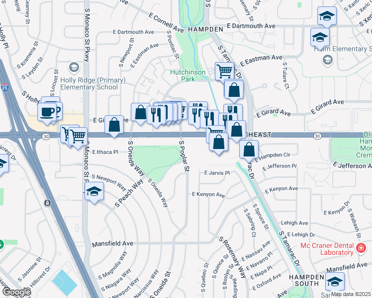 map of restaurants, bars, coffee shops, grocery stores, and more near 7200 East Hampden Avenue in Denver