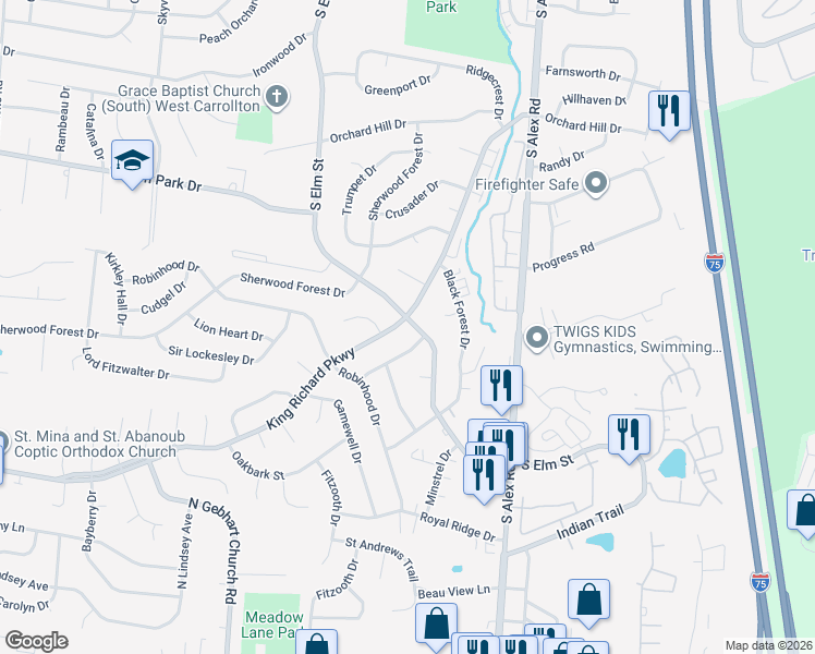 map of restaurants, bars, coffee shops, grocery stores, and more near 1300 South Elm Street in Dayton