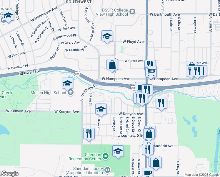 map of restaurants, bars, coffee shops, grocery stores, and more near 3535 South Irving Street in Sheridan