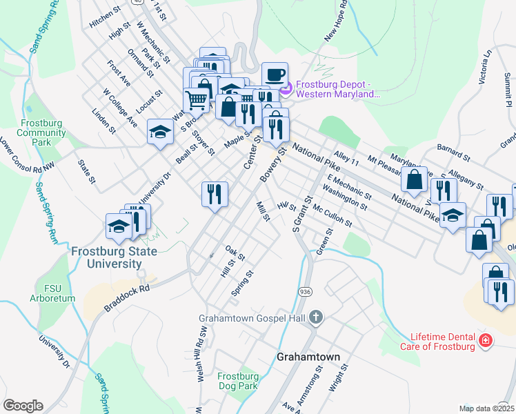map of restaurants, bars, coffee shops, grocery stores, and more near 11 Mill Street in Frostburg