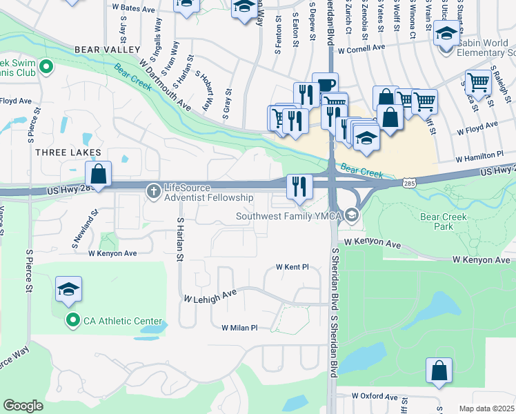 map of restaurants, bars, coffee shops, grocery stores, and more near 3506 South Depew Street in Lakewood