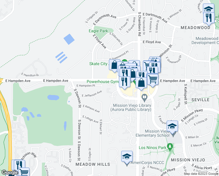 map of restaurants, bars, coffee shops, grocery stores, and more near 14934 East Hampden Circle in Aurora