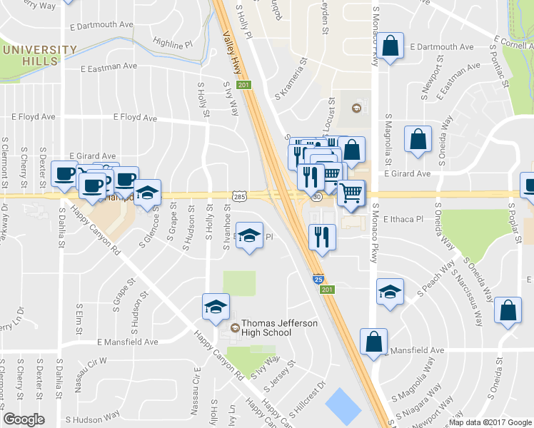 map of restaurants, bars, coffee shops, grocery stores, and more near 3548 South Hillcrest Drive in Denver
