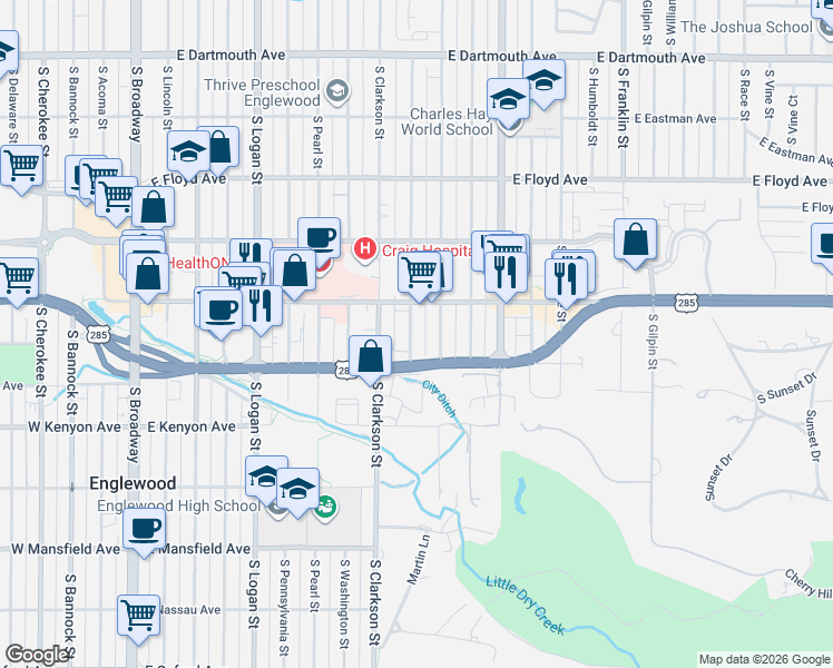 map of restaurants, bars, coffee shops, grocery stores, and more near 3533 South Emerson Street in Englewood