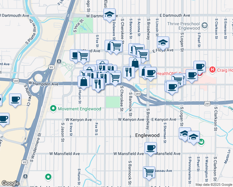 map of restaurants, bars, coffee shops, grocery stores, and more near 3536 South Delaware Street in Englewood