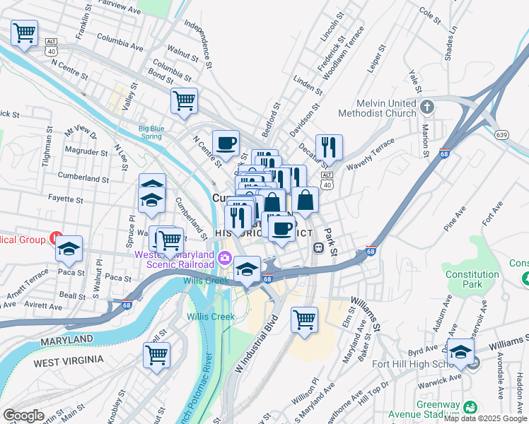 map of restaurants, bars, coffee shops, grocery stores, and more near 110 Baltimore Street in Cumberland