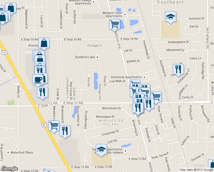 map of restaurants, bars, coffee shops, grocery stores, and more near 1929 Lisa Walk Drive in Indianapolis