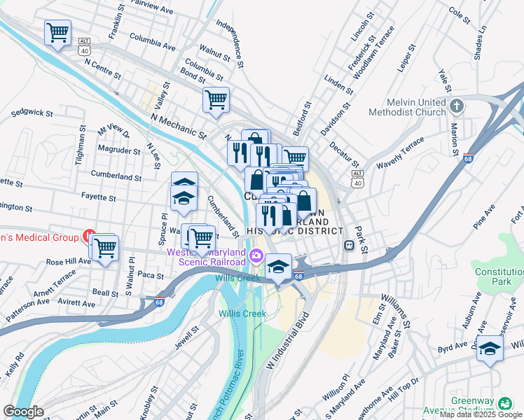 map of restaurants, bars, coffee shops, grocery stores, and more near 2 Frederick Street in Cumberland