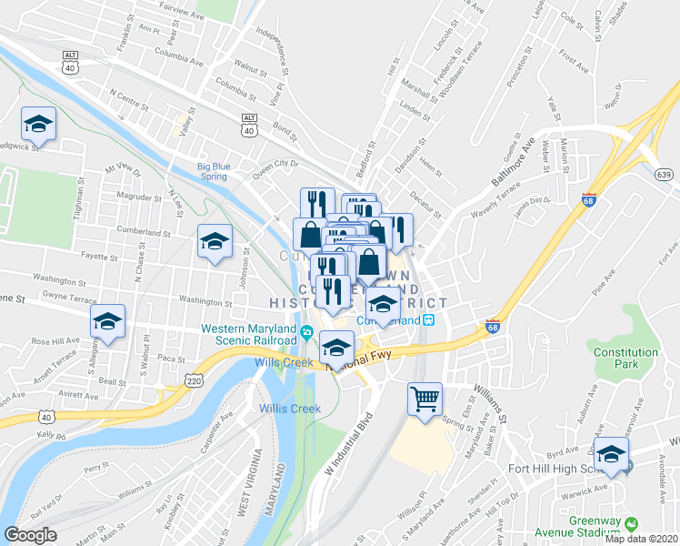 map of restaurants, bars, coffee shops, grocery stores, and more near 35 North Liberty Street in Cumberland