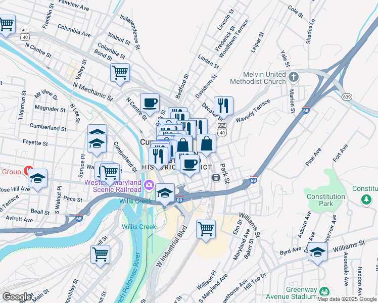 map of restaurants, bars, coffee shops, grocery stores, and more near 110 Baltimore Street in Cumberland