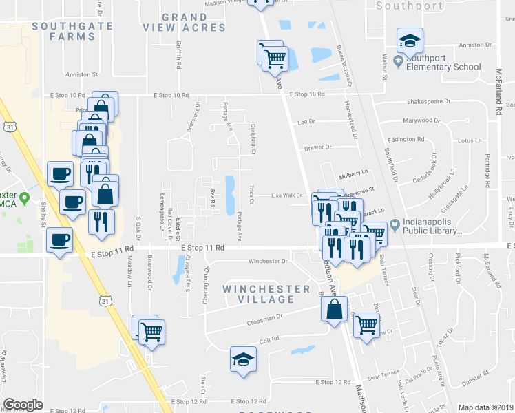 map of restaurants, bars, coffee shops, grocery stores, and more near 7823 Trisa Court in Indianapolis