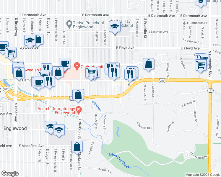 map of restaurants, bars, coffee shops, grocery stores, and more near 3523 South Downing Street in Englewood