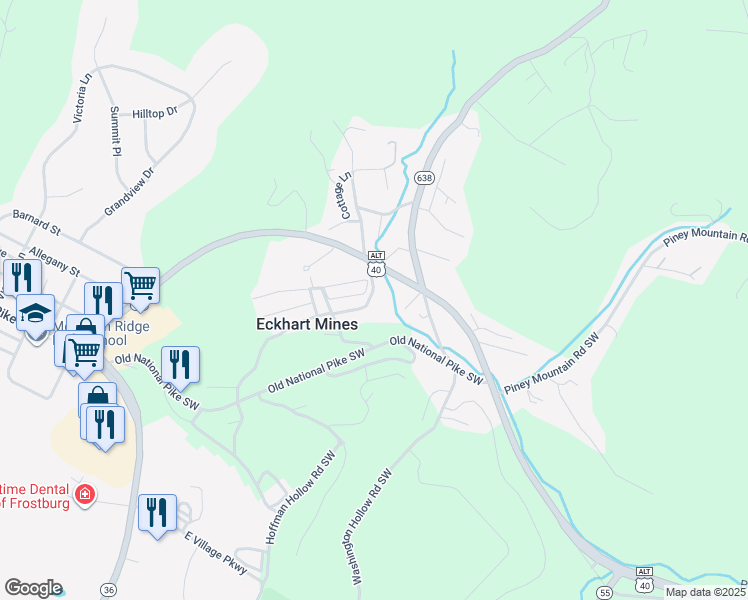 map of restaurants, bars, coffee shops, grocery stores, and more near 17016 Porter Road Northwest in Frostburg