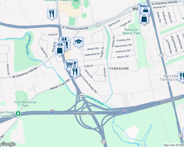 map of restaurants, bars, coffee shops, grocery stores, and more near 10 Kitty Lane in Newark
