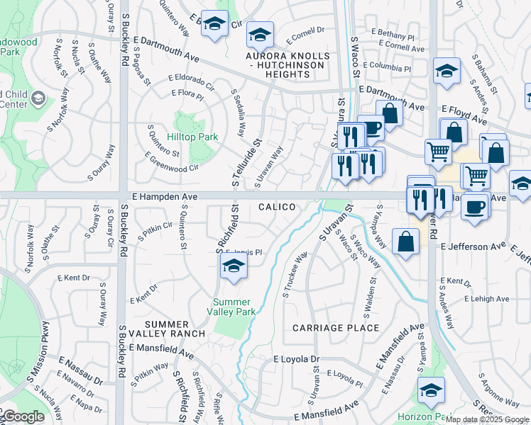 map of restaurants, bars, coffee shops, grocery stores, and more near 17666 East Ithaca Place in Aurora