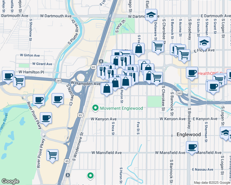 map of restaurants, bars, coffee shops, grocery stores, and more near 3550 South Jason Street in Englewood