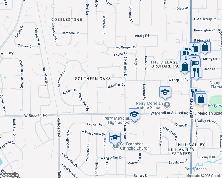 map of restaurants, bars, coffee shops, grocery stores, and more near 618 Silver Fox Court in Indianapolis