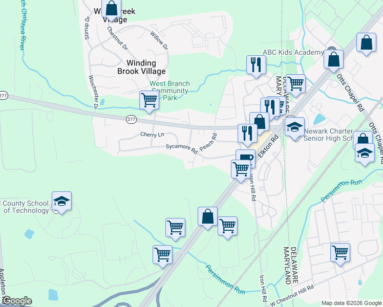 map of restaurants, bars, coffee shops, grocery stores, and more near 237 Sycamore Road in Elkton