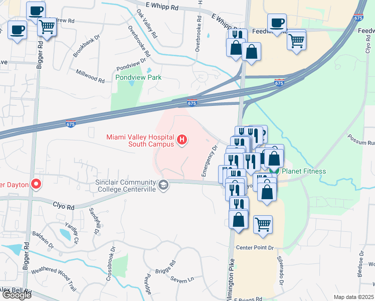 map of restaurants, bars, coffee shops, grocery stores, and more near 2400 Miami Valley Drive in Centerville