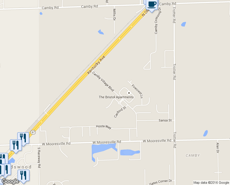 map of restaurants, bars, coffee shops, grocery stores, and more near Camby Village Boulevard in Indianapolis