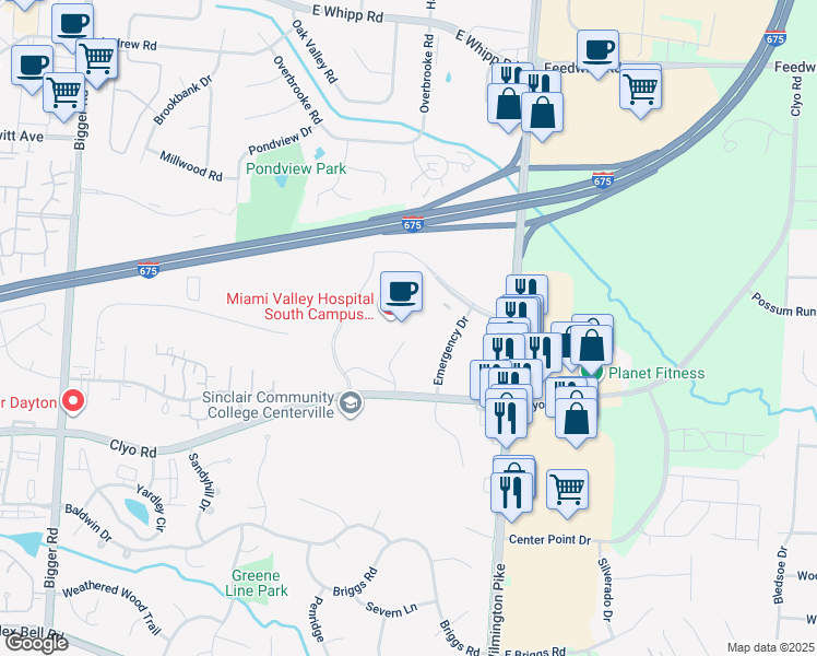 map of restaurants, bars, coffee shops, grocery stores, and more near 2400 Miami Valley Drive in Centerville