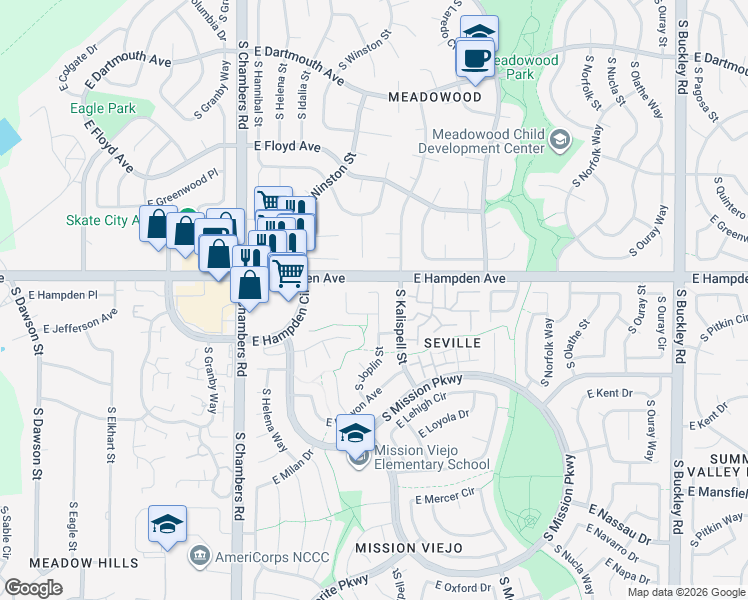 map of restaurants, bars, coffee shops, grocery stores, and more near 3507 South Joplin Street in Aurora